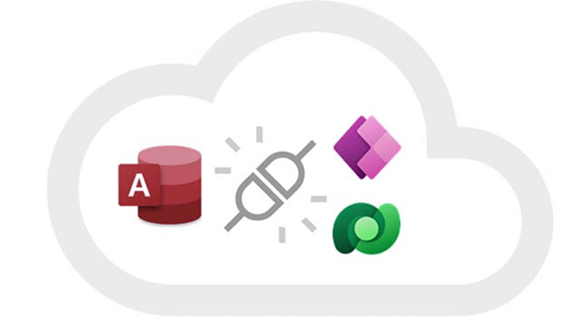 Ícones do Access, Dataverse e Power Platform representados em um diagrama conectando-se na nuvem